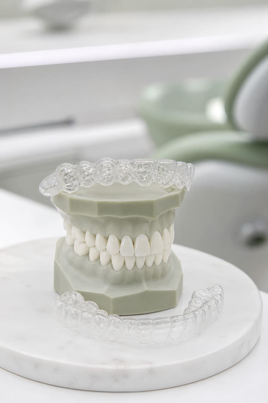 Clear aligners on a dental model for orthodontic treatment